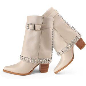 ✨ Neitivet Boots Women Cream Polyurethane (PU) Folding Chunky Heel Rivet Boots